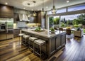 Experience Panoramic Modern Luxury A Spacious Gourmet Kitchen with Sleek Appliances and an Expansive Island Royalty Free Stock Photo