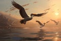 Experience the peaceful serenity of nature as a large flock of birds gracefully soar through the air over a calm body of water., A Royalty Free Stock Photo