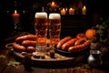 Experience the perfect beer and sausage pairing in this inviting image of two glasses of frothy beer. Ai generated