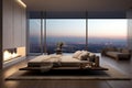 Experience the perfect blend of modern design and urban living with this stunning bedroom featuring a breathtaking view of the Royalty Free Stock Photo