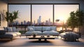 Modern Minimalist Living Room with City Skyline View at Dusk
