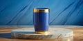 Sleek Handleless Travel Mug Modern Minimalist Design in Blue Gold on Marble for OntheGo Hydration Royalty Free Stock Photo