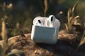 Ai Generative Wireless headphones on the ground in the nature. Selective focus