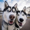 Two husky dogs take a selfie, photo of two huskies