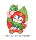 Experience the playful essence of winter with a lovable penguin on a sled filled with gifts. This festive watercolor portrays the