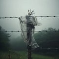 Captured Elegance: Rain-Kissed Fabric Entwined in Rustic Barbed Wire