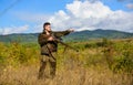 Experience and practice lends success hunting. Guy hunting nature environment. Hunting weapon gun or rifle. Masculine Royalty Free Stock Photo