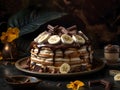 Delicious pancakes cake with bananas, cream and chocolate on a dark and luxury background