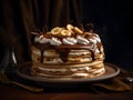 Delicious pancakes cake with bananas, cream and chocolate on a dark and luxury background