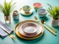 Effortless Elegance A Minimalist Table Setting with Ceramic Dishes and Metal Cutlery Captured in WideAngle Detail Royalty Free Stock Photo