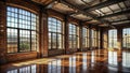 Industrial Loft Interior Design Inspiration Spacious Empty Room with Red Brick Large Windows and Dramatic Lighting A 3D Royalty Free Stock Photo