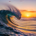 Majestic ocean wave breaks at sunset capturing golden hour light and spray Royalty Free Stock Photo