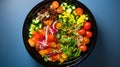 Fresh Quinoa Salad with Vibrant Vegetables on Blue Background