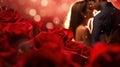 Romantic Red Roses Blurry Couple Kiss