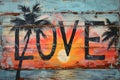Palm Trees Tropical Sunrise Love Street Art Mural, Valentines Day Card Artwork, Weathered Outdoor Painting, Romantic Words Royalty Free Stock Photo