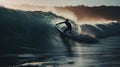 A moving shot of a person surfing through the waves created with Generative AI