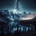 Serene Nighttime Mountain Landscape: Moonlit Peaks and Starry Reflections Royalty Free Stock Photo