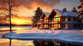 Winter Tranquility: 3D Render of House on Lake at Sunset Royalty Free Stock Photo