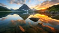 Sunset\'s Embrace on a Mirror Lake by the Mountain Royalty Free Stock Photo