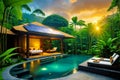 Tranquil Bali Style Spa Retreat Amid Lush Rainforest with Solar Panels, AI Generated