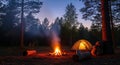 Camping at Night Bonfire, Tent, and Forest Adventure Royalty Free Stock Photo