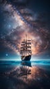 Celestial Voyage: Nebula Sails Ship on Milky Way Galaxy Seascape HD Background