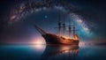 Celestial Voyage: Nebula Sails Ship on Milky Way Galaxy Seascape HD Background