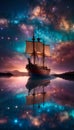 Celestial Voyage: Nebula Sails Ship on Milky Way Galaxy Seascape HD Background