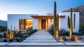 Experience serenity in this minimalist desert oasis home at twilight