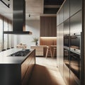 Modern kitchen bathed in early morning sunlight