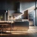 Modern kitchen bathed in early morning sunlight