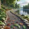 Lakeside Tranquility: Winding Gravel Path with Fallen Leaves, landscape background