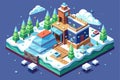 Experience a snowy isometric landscape featuring a charming house surrounded by trees and snowflakes, Snowfalling Customizable Royalty Free Stock Photo