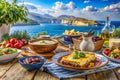 A Vibrant Fusion Double Exposure Celebrates Greek Cuisine and Mediterranean Charm showcasing the rich tapestry of Royalty Free Stock Photo