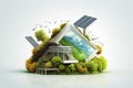 House with solar panels and windmills. 3d illustration real estate concept Ai generative