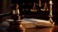 Symbol of Justice: Stately Wooden Gavel and Antique Book of Laws in Soft Illumination