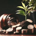 Investment concept, Coins with plant growing from pile of coins. Royalty Free Stock Photo