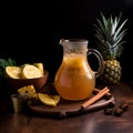 Pitcher of tepache with sliced pineapples and cinnamon stick on a table Royalty Free Stock Photo