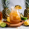 Pitcher of tepache with sliced pineapples and cinnamon stick on a table Royalty Free Stock Photo