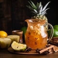 Pitcher of tepache with sliced pineapples and cinnamon stick on a table Royalty Free Stock Photo