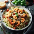 Oceanic Delicacy: Spaghetti, Shrimp, and Basil with Garlic Bread.