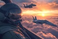 A breathtaking view of military jets soaring through colorful clouds at sunset. A fighter pilot captures the power of Royalty Free Stock Photo