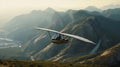 A moving shot of a person hang gliding over a mountain range created with Generative AI