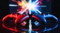 Intense gaming showdown two controllers clash sparks flying digital entertainment competition Royalty Free Stock Photo