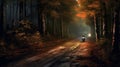 Title: âNight Ride in the Woods: A Motorcyclistâs Journey Royalty Free Stock Photo