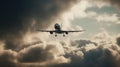 A moving shot of a plane taking off and soaring into the clouds created with Generative AI