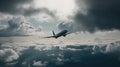 A moving shot of a plane taking off and soaring into the clouds created with Generative AI