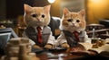 AI-Generated: Two Cats as Business Bankers with Piles of Coins on Table Financial Success and Expertise