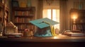 Academic Serenity: Green College Graduation Hat in Golden Hour Study Room