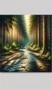 A river meandering through a sun-dappled forest.landscape, Nature Painting